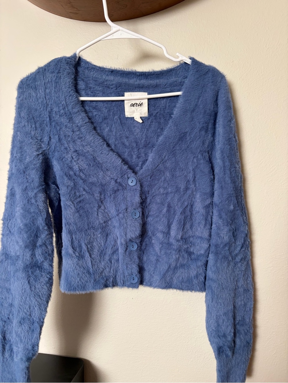 aerie Dusty Blue Fuzzy V-Neck Button Cardigan